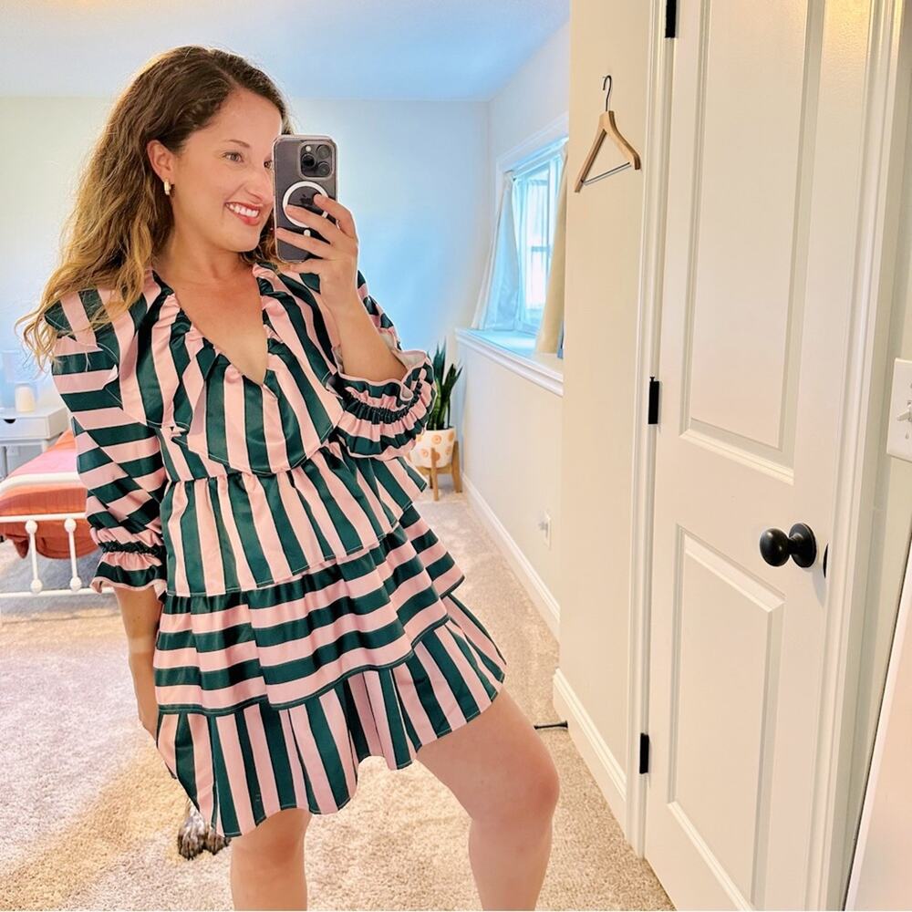 Crosby by Mollie Burch Pink Green Ruffle Mini Dress XS